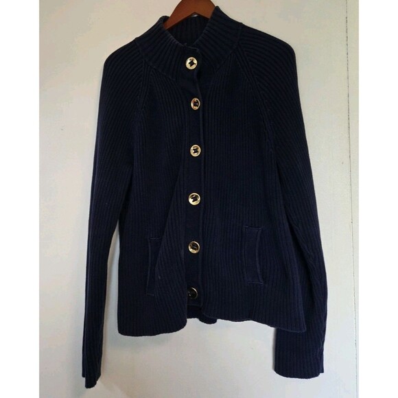 Lauren Jeans Ralph Lauren Sweater Womens XL Blue Rib Knit Cardigan Gold Buttons - Picture 1 of 7